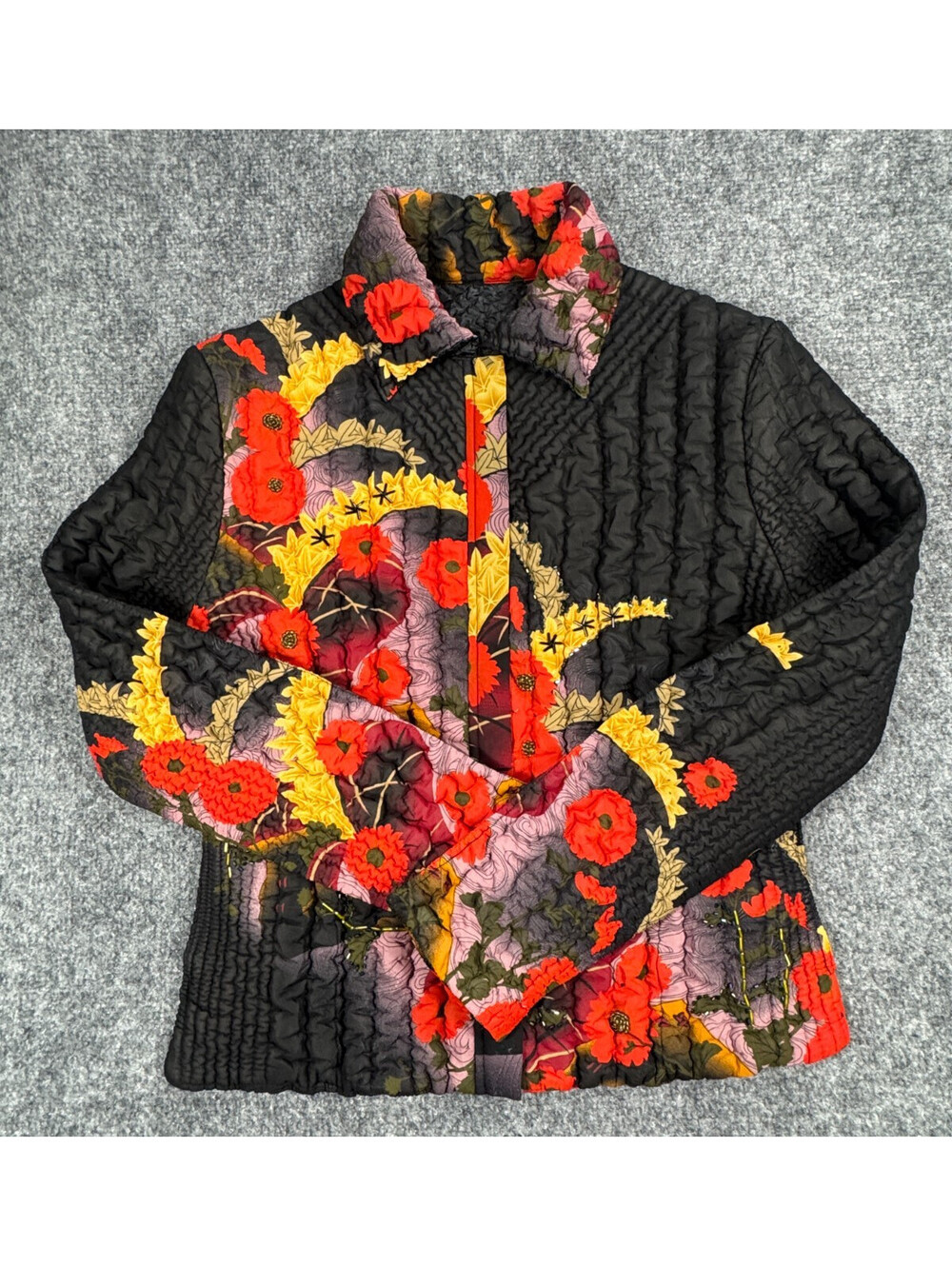 UbU Womens Jacket Size Small Black Floral Beaded Crinkle  Button Front Jacket